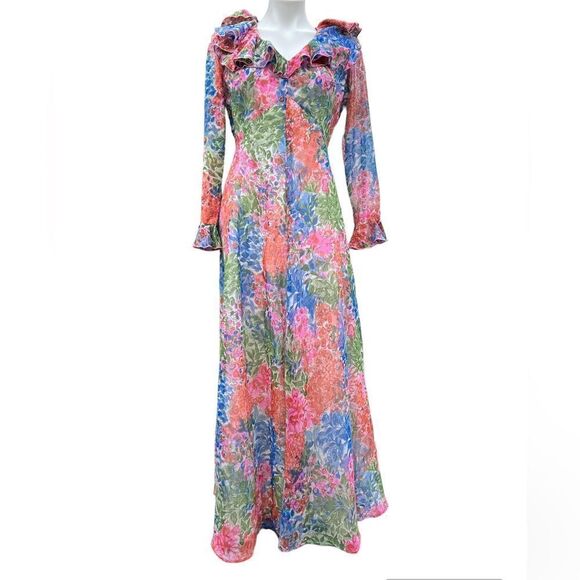 Vintage 60s Floral Print Ruffle Neck Long Sleeve Maxi Dress - Picture 1 of 16